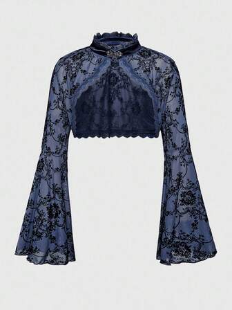 Cardigan femme grande taille à manches évasées fendues, style gothique polyvalent avec motif de vigne floquée rétro