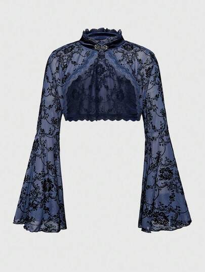 Goth Cárdigan de mujer de talla grande con mangas acampanadas y abertura, estilo retro con estampado de vid flocado