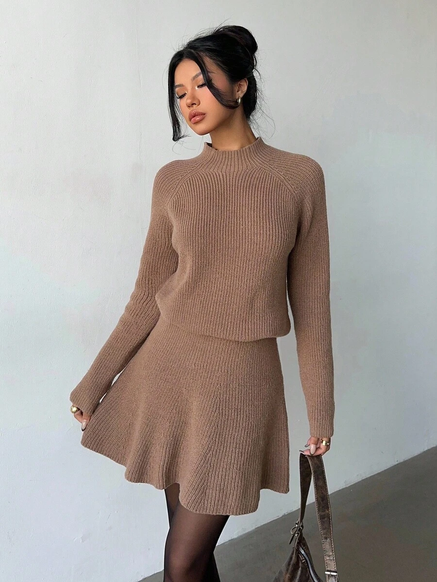 Elenzga Women Loose Casual Round Neck Textured Top And Pleated Skirt 2 Pieces Set - Brown - View 1