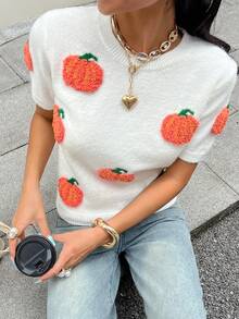 Chiquease 万圣节南瓜图案圆领短袖女式针织上衣 - 白色 - 查看 3