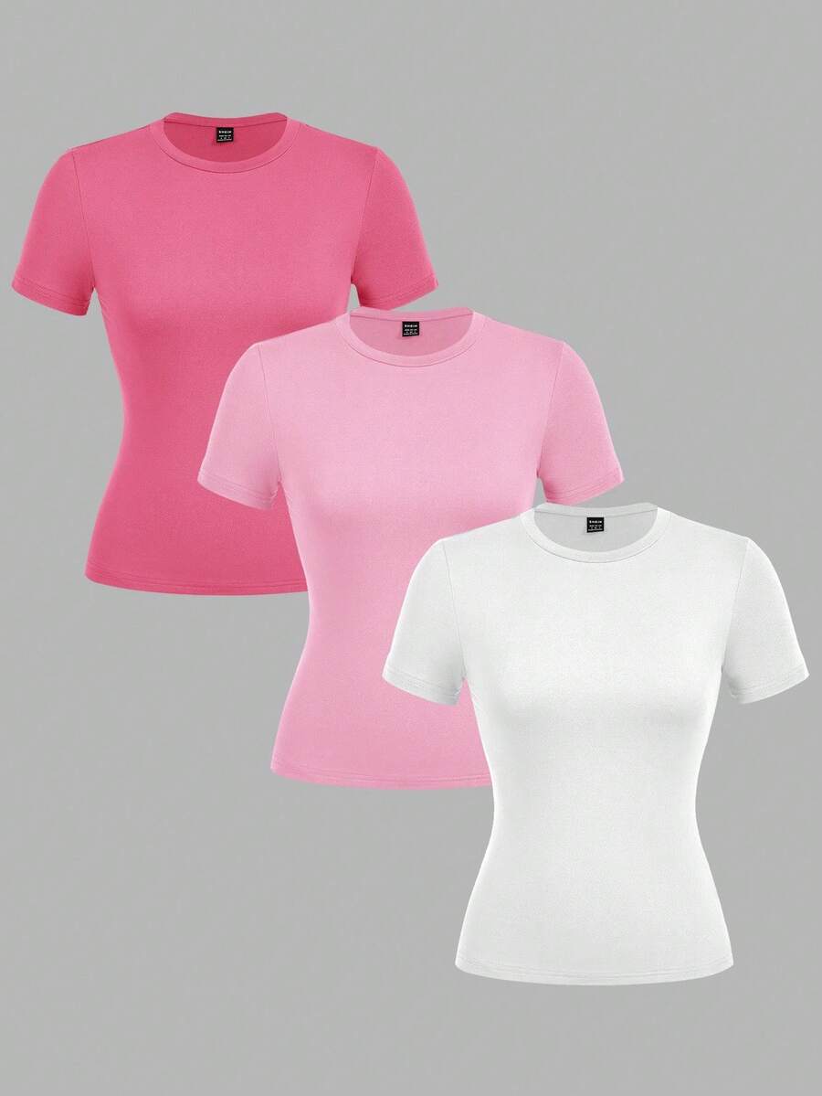 SHEIN EZwear 3件套女士休闲圆领修身长袖T恤套装，基础款T恤，女士3件装上衣，女士T恤，女士短袖上衣，纯色T恤，女士夏季上衣 - 彩色 - 查看 1