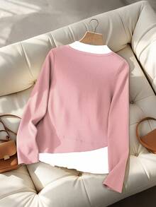 Qadelle Contrast Trim Front Button Closure Elegant Commuter Long Sleeve Sweater - Pink - View 2