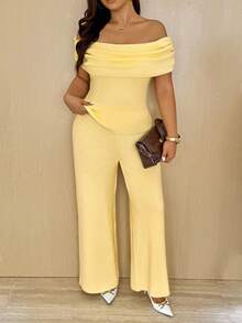 Vionelle Plus Size Women French Style Knit Casual Off-Shoulder Top And Pants Set, Elegant And Versatile, Autumn/Winter Fall - Yellow - View 6