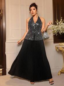 Cravure 大码女式优雅黑色和银色亮片两件套派对套装