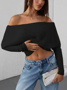 SHEIN Cottnline Casual Off Shoulder Bardot Ruffle Neckline Long Sleeve Sweater - Black - View 7