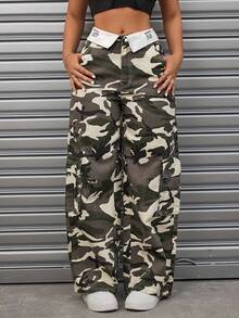 SHEIN ICON 女士折疊腰部迷彩圖案休閒牛仔褲 - 軍綠色 - 查看 1