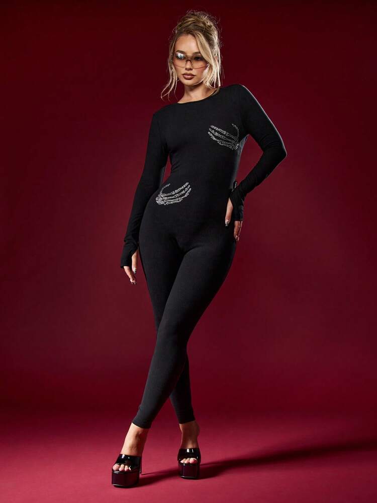 Missguided x Playboy Cotton Women Backless Long Sleeve Jumpsuit Rhinestone Skeleton Hands Halloween Party Occasion Full Length Form Fitting Logo Clubwear Evening Outerwear