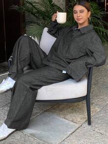 DAZY 女士休闲牛仔套头衫和直筒裤套装 - 黑色 - 查看 6