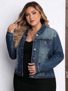 EMERY ROSE Jaket Denim Elastis Kasual Wanita Ukuran Plus Musim Dingin dengan Kancing Tunggal, Musim Gugur - Dark Wash - View 8