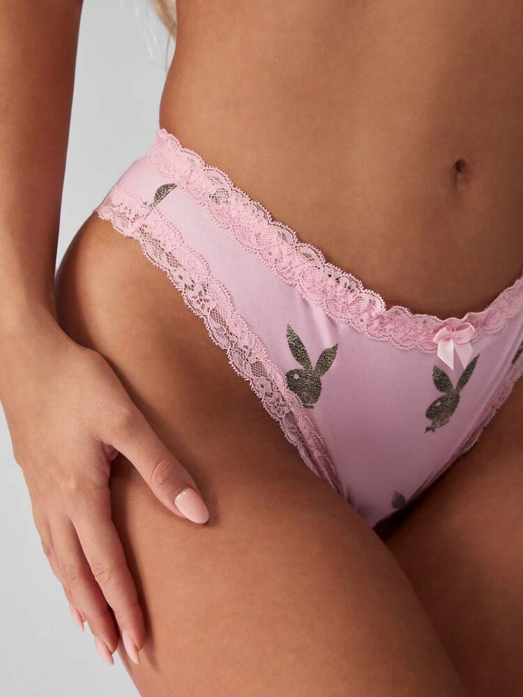Missguided x Playboy Hasen-Muster Spitzenbesatz BH-Set und passende Slip-Garnitur, weiche Tasse Dreieck-Schnitt Dessous, Urlaubsgeschenk Valentinstag Loungewear