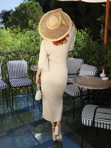 Gretanique Elegant Knitted High Stretch V-Neck Twist Design Batwing Sleeve Midi Dress For Women - Apricot - View 2