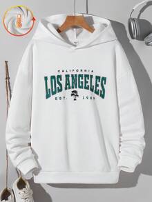 SHEIN Teens Young Men's White Autumn Y2K Graduation Back-To-School California Los Angeles Letter Graphic Print Hooded Pullover Sweatshirt,Casual Streetwear - White - View 4