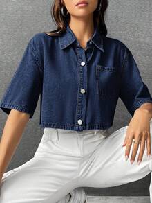 SHEIN EZwear Women's Casual Washed Cropped Denim Shirt - Dark Wash - View 3