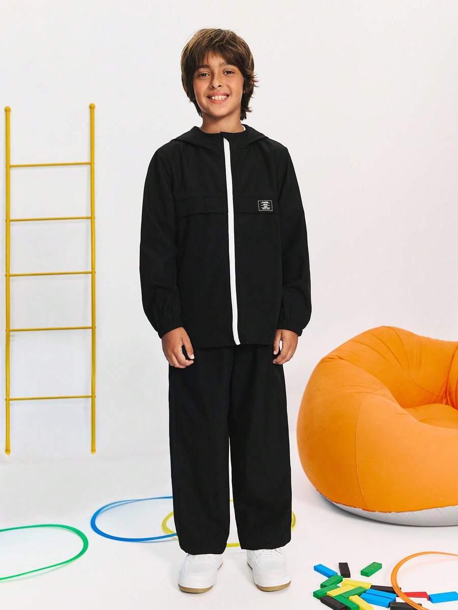 SHEIN 2pcs Tween Boy Casual Hooded Jacket And Tapered Pants Set, Sporty Style For Autumn/Winter Fall - Black - View 1