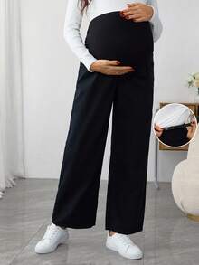 SHEIN 可调节腰部宽腿宽松孕妇牛仔裤 - 黑色 - 查看 1