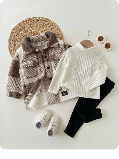 Compra 2 y llévate 1 gratis Paquete de 3 chaquetas de terciopel de tartán de doble cara, casuales y sencillas para bebé niña, camiseta de cuello alto blanca antirrayas y mallas negras. Paquete múltiple de alta rentabilidad adecuado para fiestas de cumpleaños, fiestas de noche, actuaciones, bodas, bautizos, ceremonias de apertura, adecuado para uso diario, adecuado para la escuela, adecuado para viajes, adecuado para otoño e invierno