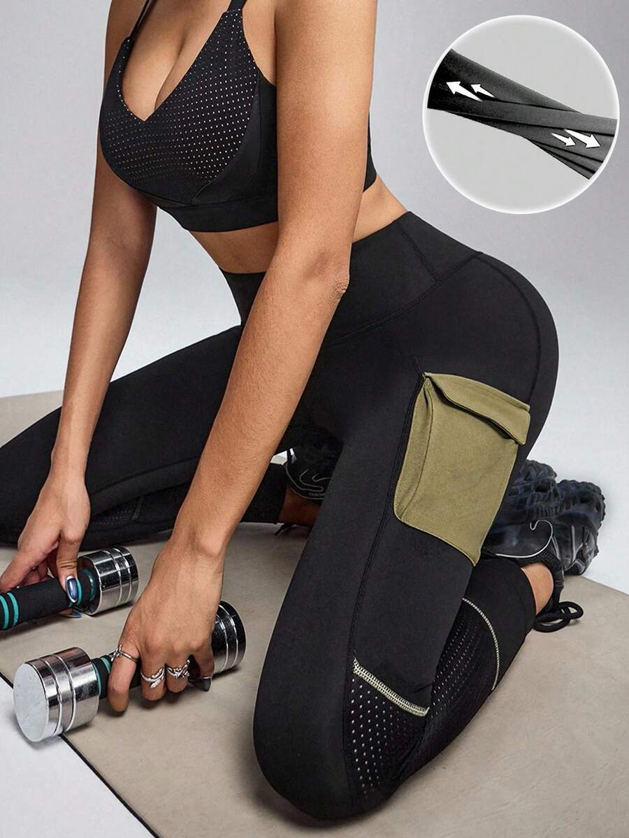 Innovista Leggings de sport doux et confortables pour l'extérieur, avec coutures contrastées, blocs de couleurs, taille haute, pour le yoga, l'entraînement HIIT, le bureau et la salle de sport. Pantalons stretch, respirants, avec poches, coupe flatteuse, protection UV, résistants à la transpiration. Collection automne-hiver pour un look sportif chic et fonctionnel. - Noir - Voir 1