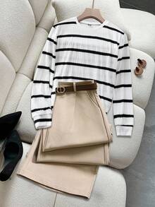 SHEIN Clasi Women's Round Neck Long Sleeve Striped Casual Versatile Pullover Sweatshirt, Plus Size