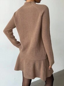 Elenzga Women Loose Casual Round Neck Textured Top And Pleated Skirt 2 Pieces Set - Brown - View 2