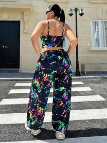 Muchica Women's Plus Size Ink Splatter Print Cami Top And Jogger Pants Set - Multicolor - View 2