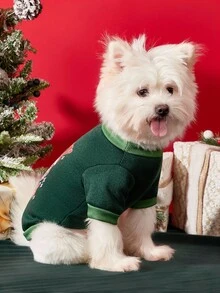 PETSIN 1件宠物圣诞猫狗通用可爱圣诞老人“圣诞快乐”英文时尚印花绿色抓绒保暖舒适狗狗圣诞服 - 綠色 - 查看 5