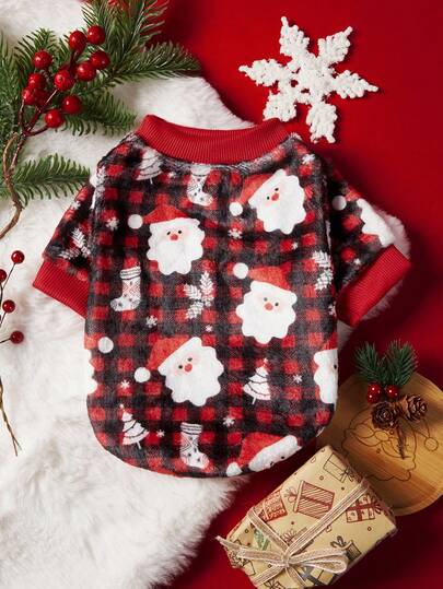 PETSIN 1 宠物圣诞猫狗通用红黑格纹圣诞老人可爱雪花图案印花毛绒温暖舒适狗狗圣诞礼物
