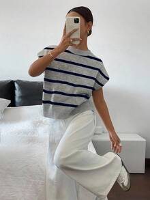 Siren Gaze 女式休闲条纹圆领蝙蝠袖短袖针织上衣，秋季 - 藏蓝色 - 查看 6