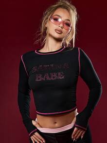 MISSGUIDED 撒旦宝贝长袖露脐上衣，水钻字母，粉色撞色缝线，拇指孔，哥特另类时尚，Y2K秋冬款 - 黑色 - 查看 5