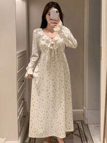 DAZY 女士甜美碎花3D蝴蝶结荷叶边领睡裙，秋季睡衣，冬季 - 米色 - 查看 3