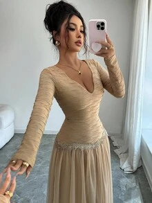 Seusyu 女式春秋甜心领荷叶边拼接束腰连衣裙 - 卡其色 - 查看 7