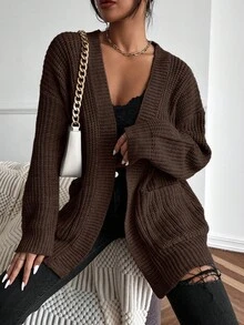 EMERY ROSE 女士纯色休闲宽松开衫，带口袋 - 咖啡棕 - 查看 4