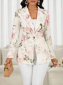 SHEIN Lady Women's Floral Print Lapel NeckLong Sleeve Single-Button Elegant Blazer - Multicolor - View 3
