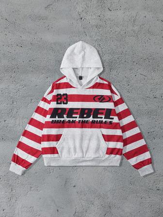 Street Life Sudadera con capucha casual de hombre con bolsillo y estampado de rayas, otoño