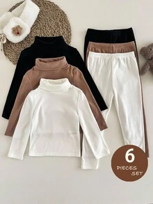 LMoss Kids LMoss 6pcs Young Girl Solid Color Knit Stand Collar Casual T-Shirt&Pants Set, Family Matching, Versatile Winter Clothes For Young Girls, Sister And Me Leggings - Multicolor - View 6