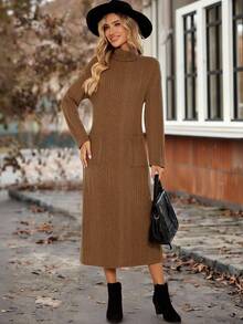 EMERY ROSE Women's Casual Solid Color Turtleneck Double Pocket Mid-Length Dress, Autumn/Winter  Autumn Outfits For Women  Winter Dress Women  Going Out Dress