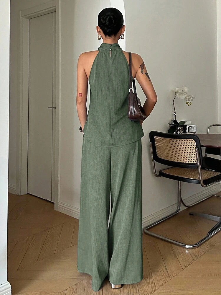 2pcs Set Vintage Coin Decor Halter Neck Top And Pants, Casual Summer Outfit