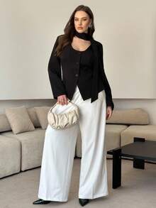 Modelyn 大码女式优雅飘逸长袖黑色领带夹克 - 黑色 - 查看 6