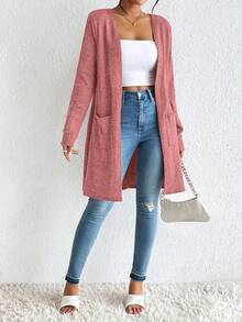 SHEIN Essnce Áo khoác len cardigan dài tay hở phía trước màu trơn thanh lịch dành cho nữ, Áo khoác cardigan mùa thu cho nữ mùa hè Áo khoác cardigan cho nữ mùa hè Quần áo thời trang cho nữ Áo khoác cardigan màu hồng hở phía trước, Quần áo ấm áp cho nữ mùa thu và mùa đông - Bụi hồng - Xem 5