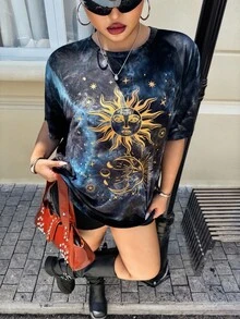 Muchica 加上太阳和月亮印花扎染落肩 T 恤，夏季