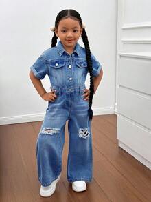 SHEIN 年轻女孩蓝色牛仔破洞衬衫式连体裤，酷炫街头造型 - 中等水洗藍 - 查看 3