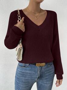 EMERY ROSE Women's Solid Color V-Neck Raglan Sleeve Casual Loose Knit Sweater, Autumn - Chocolate Brown - View 7