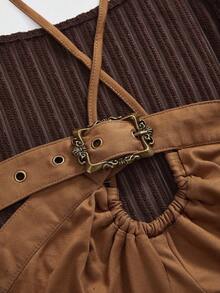 ROMWE Avant Áo khoác sơ mi cổ yếm dệt kim màu cổ điển 2 trong 1 cỡ lớn bằng da lộn, áo nữ phong cách đường phố thu đông cỡ lớn, áo nữ màu nâu thu đông, áo khoác nữ màu Maillard cổ điển - màu nâu - Xem 3