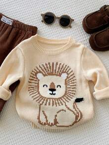 SHEIN 可爱狮子图案长袖圆领毛衣针织上衣，柔软舒适休闲日常穿着，适合室内、户外、日常、运动、玩耍、派对、摄影、节日、秋冬季男婴、女婴 - 米色 - 查看 2