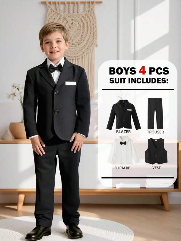 SHEIN 4pcs Toddler Boys' Fashionable Gentleman Outfit Set: Navy Blue Lapel Long Sleeve Blazer With Faux Pockets, White Long Sleeve Shirt With Navy Blue Bowknot Decor, Navy Blue Single-Breasted Vest, And Casual Suit Pants. Suitable For Birthday Party, Formal Event, Wedding, Christening, 1st Birthday Fall Winter