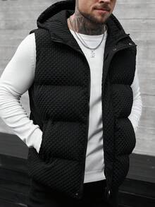 Manfinity CasualCool Men's Black Hooded Sleeveless Padded Coat, Designer Fashion Bubble Textured Padded Vest, Streetwear Casual Sleeveless Outerwear,Boyfriend/Husband Gift, Anniversary Gift, Outerwear Winter Gilet, Fall - Black - View 1