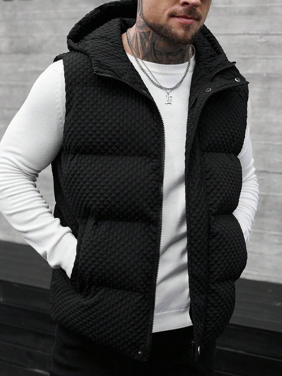 Manfinity CasualCool Men's Black Hooded Sleeveless Padded Coat, Designer Fashion Bubble Textured Padded Vest, Streetwear Casual Sleeveless Outerwear,Boyfriend/Husband Gift, Anniversary Gift, Outerwear Winter Gilet, Fall - Black - View 1