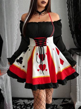 Whyspr Vestido de moda con diseño de lazo en la cintura y estampado de naipes para mujeres de talla grande