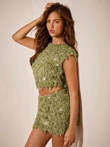 COSMINA 2 peças de roupa de festa feminina elegante com lantejoulas peludas, adequada para o início do outono - Verde - Ver 7