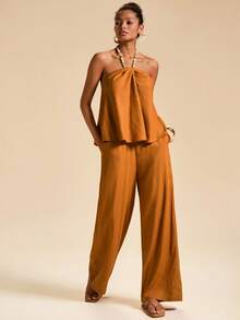 Travachic 女士度假休闲露背吊带上衣和裤子两件套 - 卡其色 - 查看 3