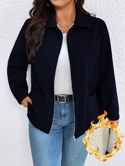 EMERY ROSE 大码女式流行毛绒撞色保暖内衬休闲舒适口袋拉链夹克，秋冬